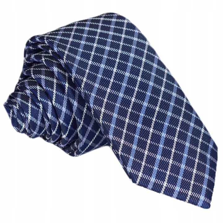 ŻAKARDOWY Krawat Męski w Kratkę Slim Fit Wąski Śledż Granatowy GREG gw46