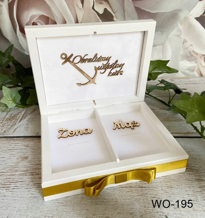 Pudełko na koperty + obrączki białe złote dekory