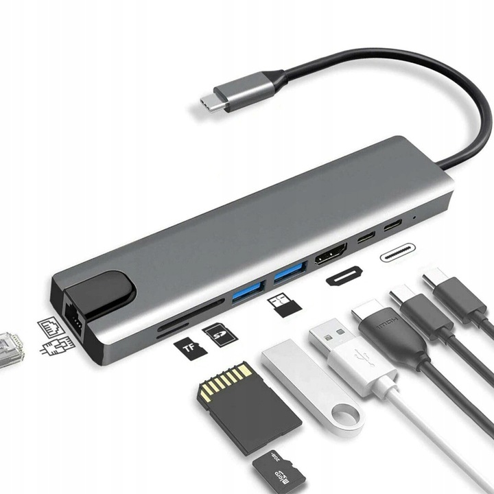HUB USB C 3.0 8W1 ADAPTER PRZEJŚCIÓWKA PORT HDMI 4K KARTA SD LAN WTYK RJ45