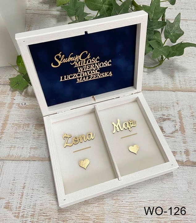 Pudełko na koperty + obrączki białe złote dekory