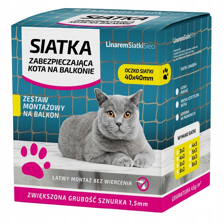 ZESTAW 8x3 GRUBA SIATKA DLA KOTA 1,5mm NA BALKON OKO 40mm BEZ WIERCENIA