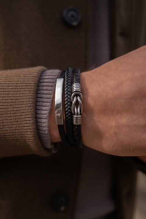 Bransoletka Męska Czarna ze Skóry Srebrna GRAWER Prezent Dla Męża Chłopaka