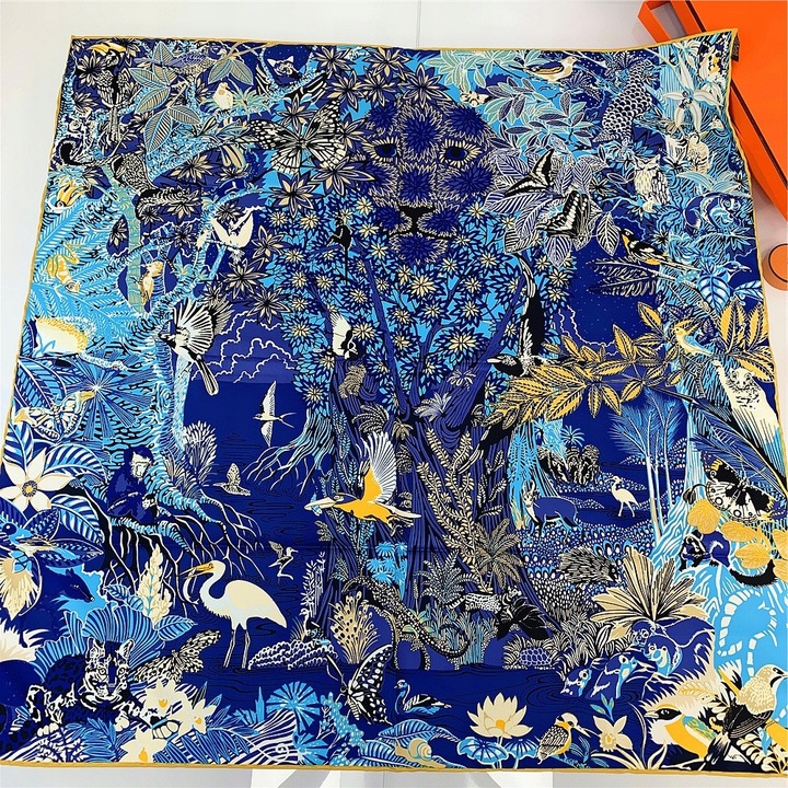 SZAL SZALIK jedwab Apaszka chusta niebieska złota