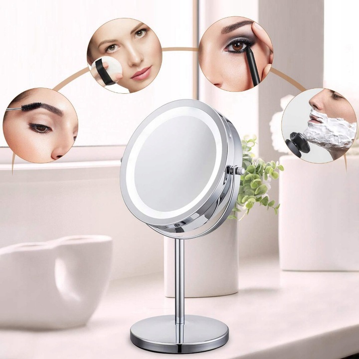 LUSTERKO KOSMETYCZNE DWUSTRONNE 13 cm PODŚWIETLANE LED LUSTRO STOJĄCE