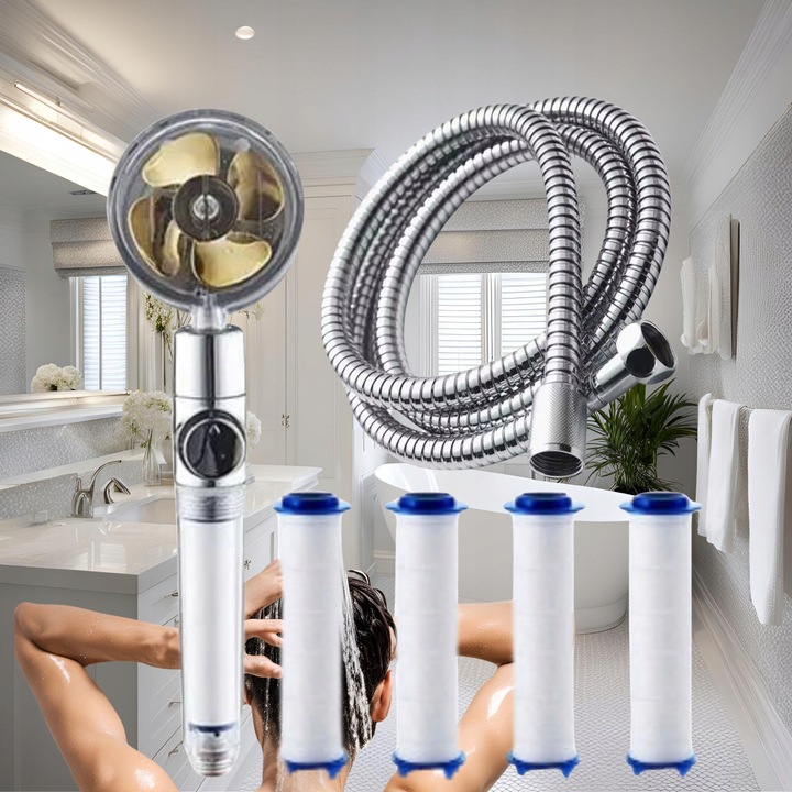 TURBO SŁUCHAWKA PRYSZNICOWA WENTYLATOR+WĄŻ+4xFILTR OSZCZĘDNA NAPOWIETRZAJĄC