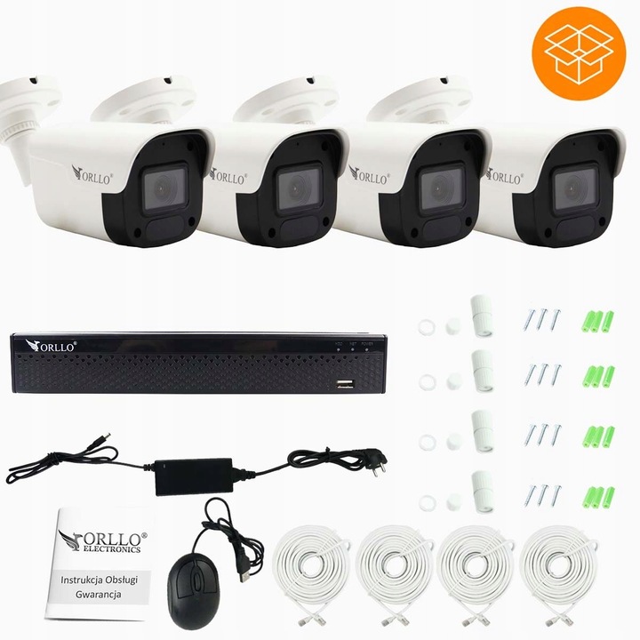 Zestaw Monitoringu 4 Kamery IP POE Zewnętrzne ORLLO ECO BULLET 4xLAN GRATIS