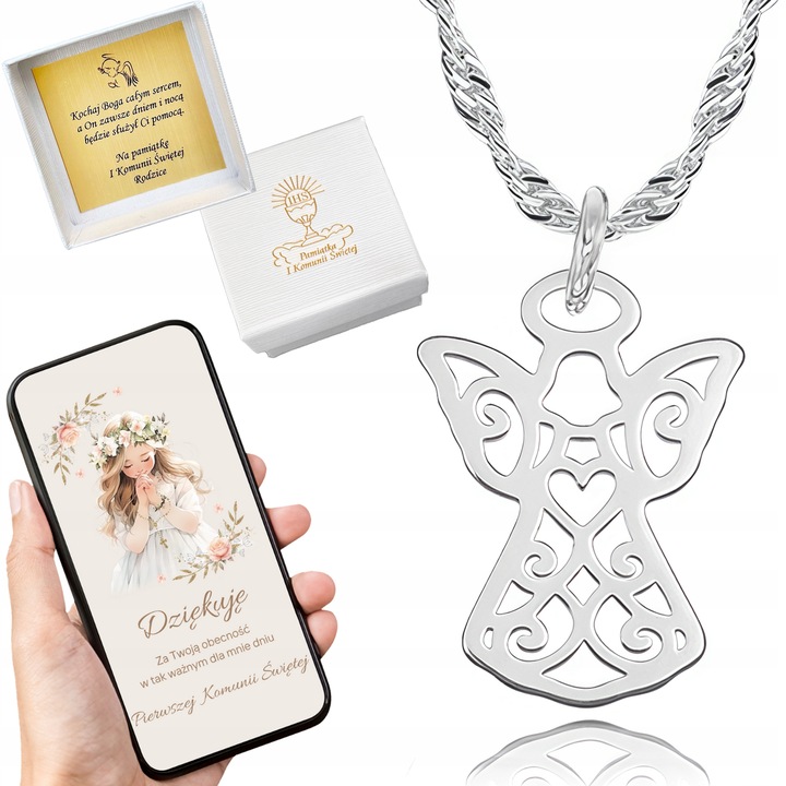 SREBRNY ŁAŃCUSZEK ANIOŁEK ZESTAW ŁAŃCUSZEK Z ANIOŁKIEM NA KOMUNIĘ