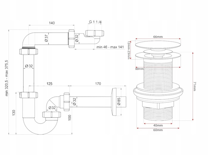 SYFON DO ZLEWU umywalki biały+korek do zlewu KLIKKLAK srebrny bez przelewu