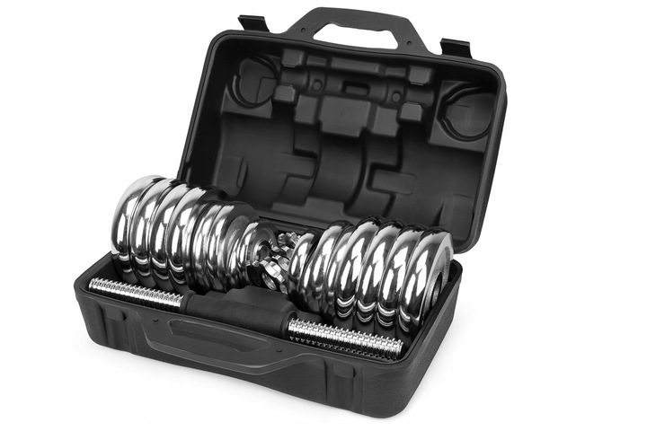 Hantle żeliwne 2x15kg WALIZKA regulowane chromowane zestaw talerze gryfy