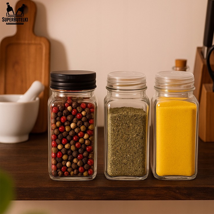 12x SZKLANE POJEMNIKI na PRZYPRAWY SŁOICZKI 120 ML PROSTOKĄTNE z SITKIEM