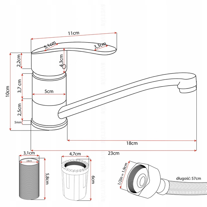 Bateria umywalkowa kuchenna nablatowa długi kran do zlewu chromowa VETTÄ