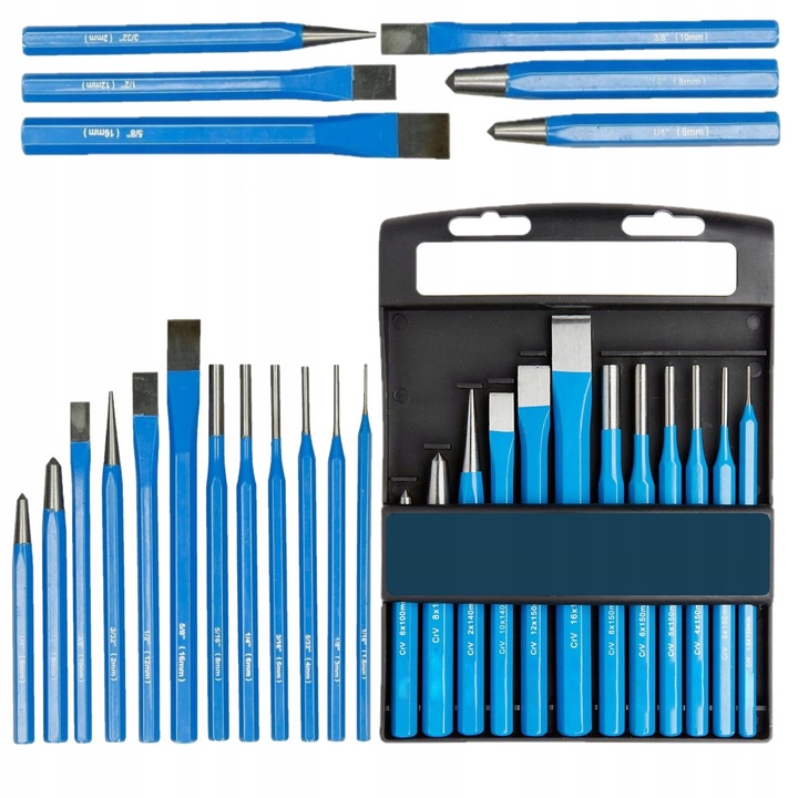 ZESTAW PUNKTAKÓW, PRZECINAKÓW I WYBIJAKÓW 12 ELEMENTÓW STAL CrV