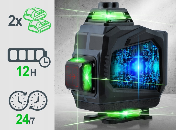 POZIOMICA LASEROWA LASER KRZYŻOWY 4D SAMOPOZIOMUJĄCY 40m 2 Akumulatory