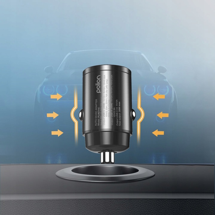 Mała szybka ładowarka samochodowa POLION USB-A USB-C 35W QC3.0 PD 3A