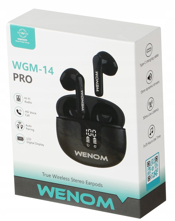 SŁUCHAWKI BEZPRZEWODOWE DOUSZNE WENOM WGM 14-PRO ANC 2 MIKROFONY LED EKRAN
