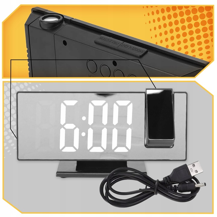 ZEGAR Budzik ELEKTRONICZNY z projektorem LED cyfrowy LUSTRO TERMOMETR 4w1