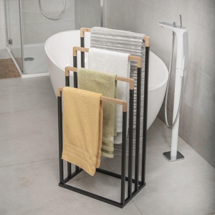 Stojak łazienkowy wieszak na ręczniki czarny stojący do łazienki bambus