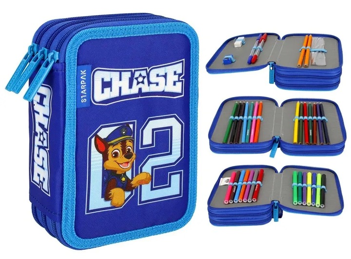 TRZYKOMOROWY PIÓRNIK SZKOLNY PSI PAW PATROL Chase z WYPOSAŻENIEM 30 element