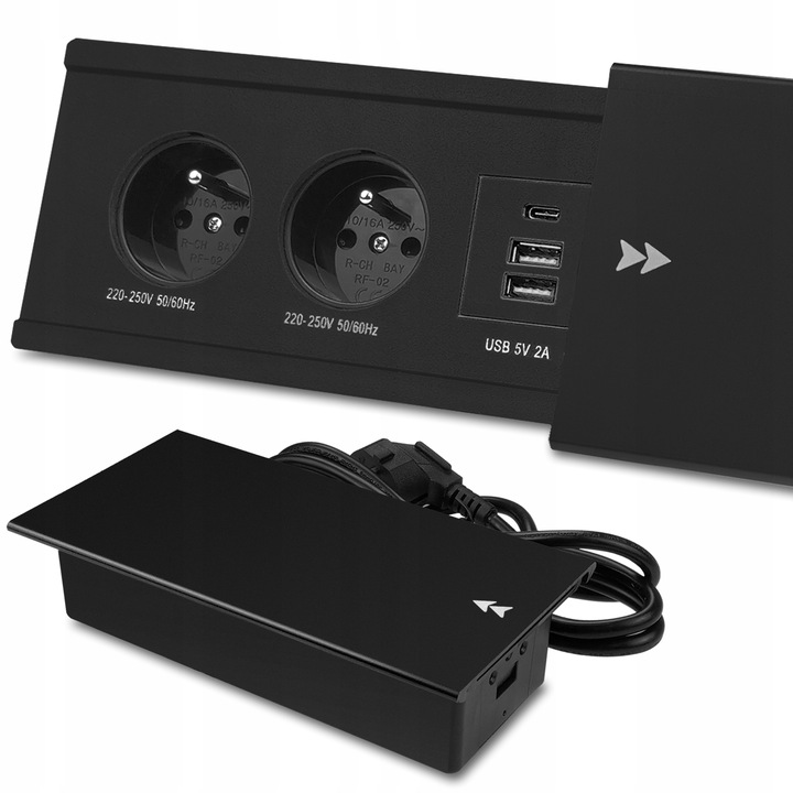 GNIAZDO NABLATOWE CHOWANE W BLAT ALUMINIUM Przesuwane + 2x USB + USB C