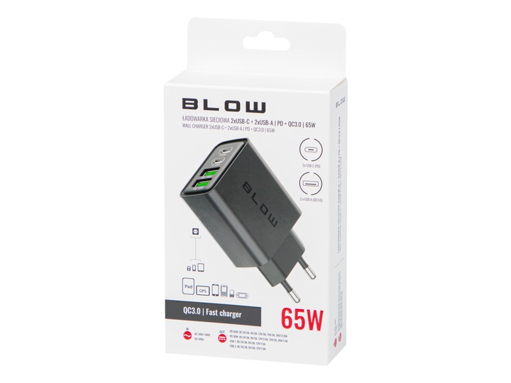 SZYBKA ŁADOWARKA SIECIOWA GNIAZDO 2x USB 2x USB-C QC 3.0 PD 65W UNIWERSALNA