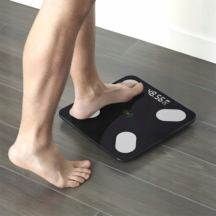 WAGA ŁAZIENKOWA ANALITYCZNA SZKLANA APLIKACJA BMI POMIAR TŁUSZCZU