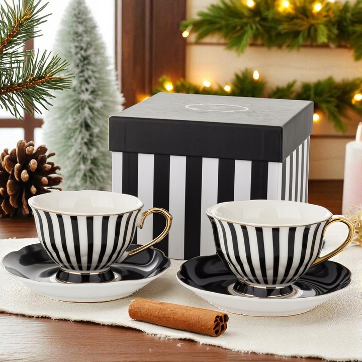 Komplet filiżanek porcelanowych 220 ml 2szt. biało-czarne złote zestaw