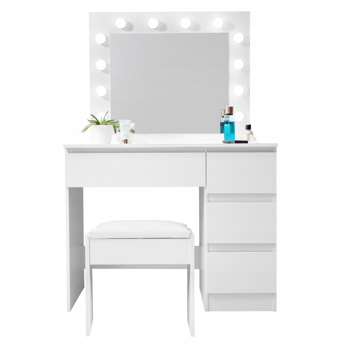 Aga Toaletka z lustrem i oświetleniem + taboret Biały mat