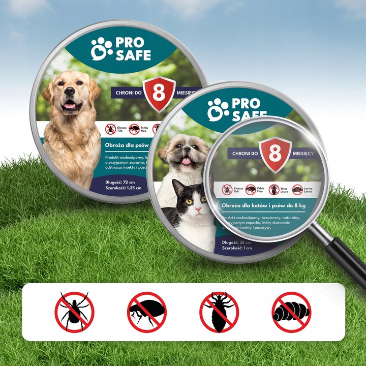 PRO SAFE Obroża na KLESZCZE PCHŁY psów kotów do 8kg ANTYKLESZCZOWA 38cm