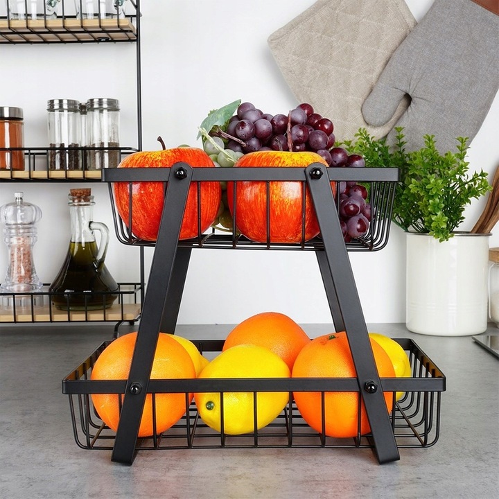 Koszyk DWUPOZIOMOWY 2 piętrowy na owoce warzywa metalowy czarny patera