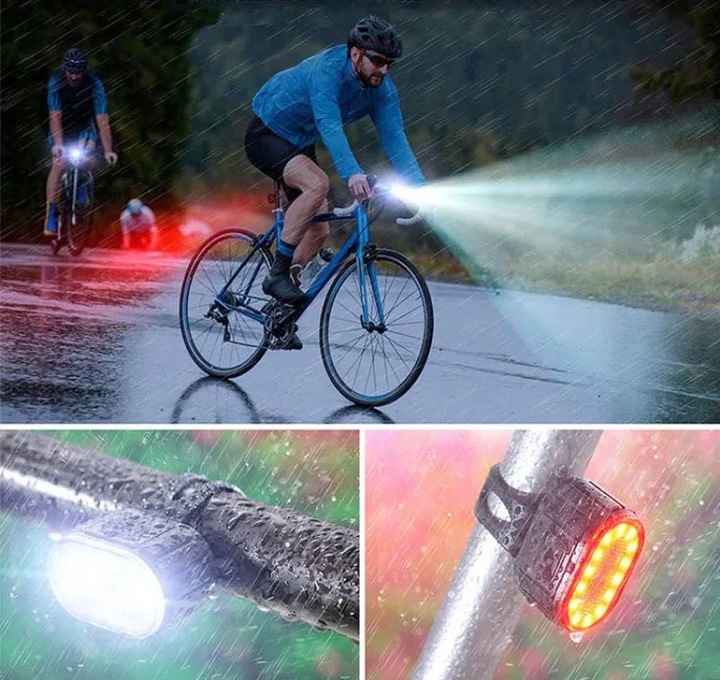 LAMPKA ROWEROWA PRZÓD TYŁ NA KIEROWNICĘ WODOODPORNE LED USB AKU