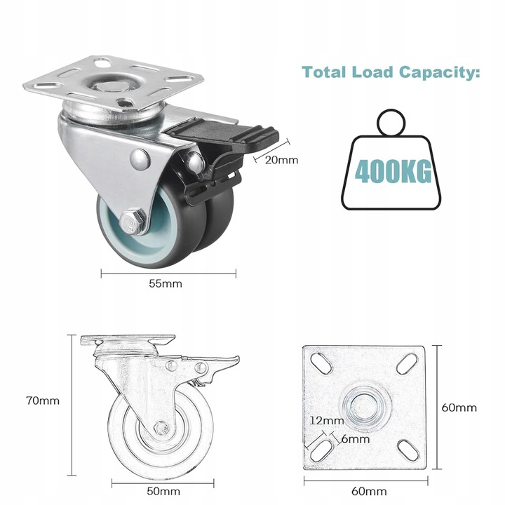 OBROTOWE KÓŁKA PRZEMYSŁOWE Z HAMULCEM DO DUŻYCH OBCIĄŻEŃ 400Kg 50mm