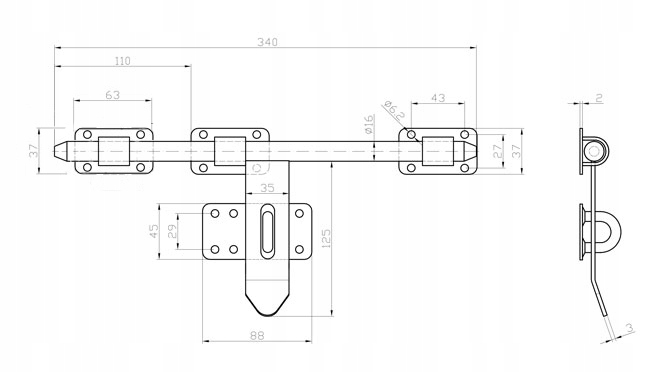 RYGIEL ZAMKNIĘCIE ZASUWA BRAMY BRAMKI L340 fi 16 OCYNK