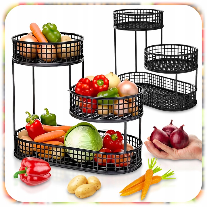 KOSZ NA OWOCE WARZYWA 3 POZIOMOWY METALOWY CZARNY KOSZYK STOJAK