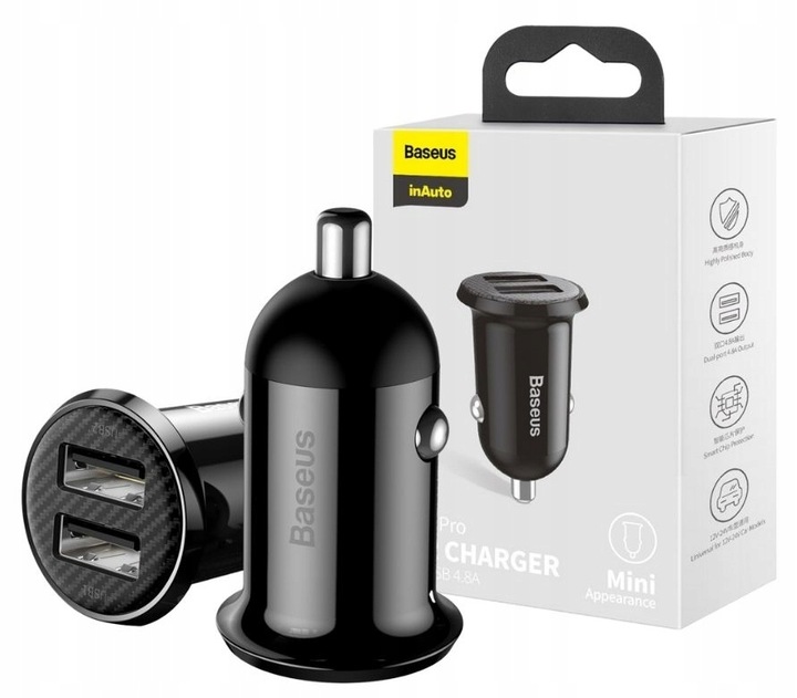 Baseusz Mini Ładowarka Samochodowa, Szybka 2xUSB, Kompaktowa