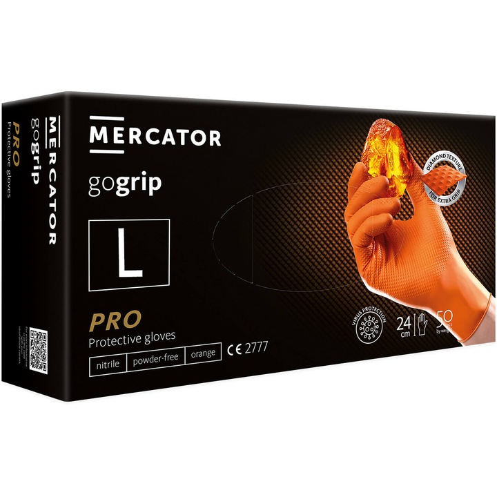 Rękawice Nitrylowe Mercator GOGRIP ORANGE Pomarańczowe MOCNE 50 sztuk L