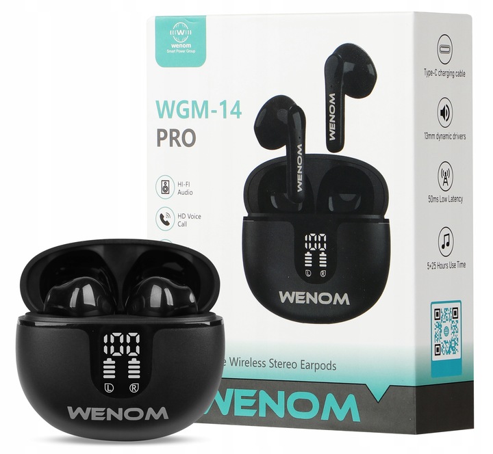 SŁUCHAWKI BEZPRZEWODOWE DOUSZNE WENOM WGM 14-PRO ANC 2 MIKROFONY LED EKRAN