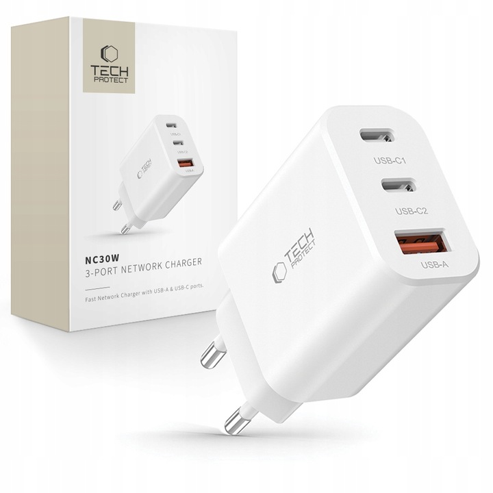 MOCNA SIECIOWA ŁADOWARKA ZASILACZ USB-A USB-C TYPE-C PD 30W - 3 PORTY