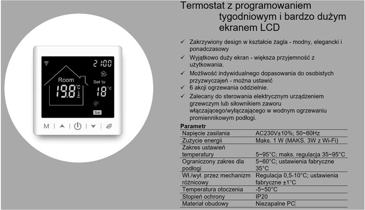 TERMOSTAT DO OGRZEWANIA PODŁOGOWEGO MATY GRZEWCZE WIFI TUYA LCD 16A