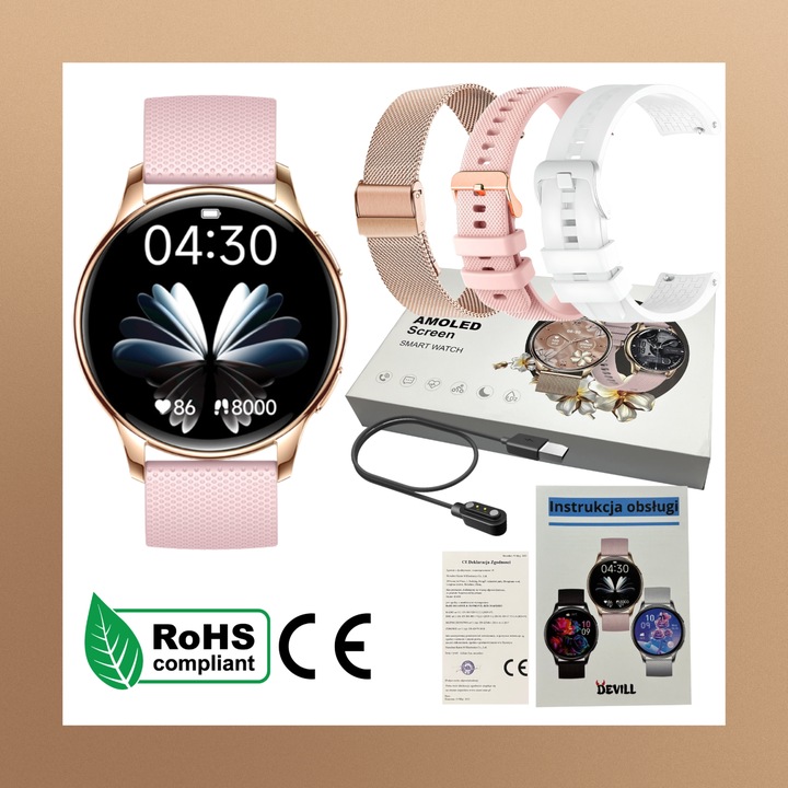 SMARTWATCH ZEGAREK DAMSKI MENU POLSKIE FUNKCJA DZWONIENIA SMART WATCH PULS