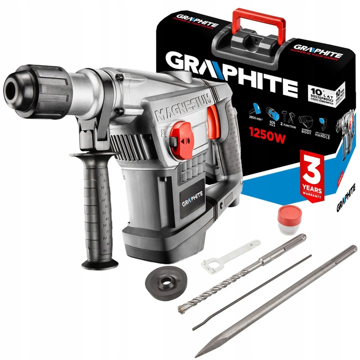 GRAPHITE MŁOT UDAROWY ELEKTRYCZNY SDS-MAX 1250W kujacy WALIZKA 58G874 DŁUTA