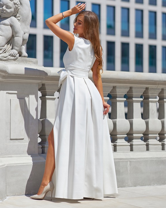 Lea 2 ECRU DŁUGA SUKIENKA z DEKOLTEM ślubna 48