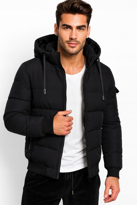 KURTKA MĘSKA Z KAPTUREM PUCHOWA OCIEPLANA ZIMOWA PIKOWANA CZARNA