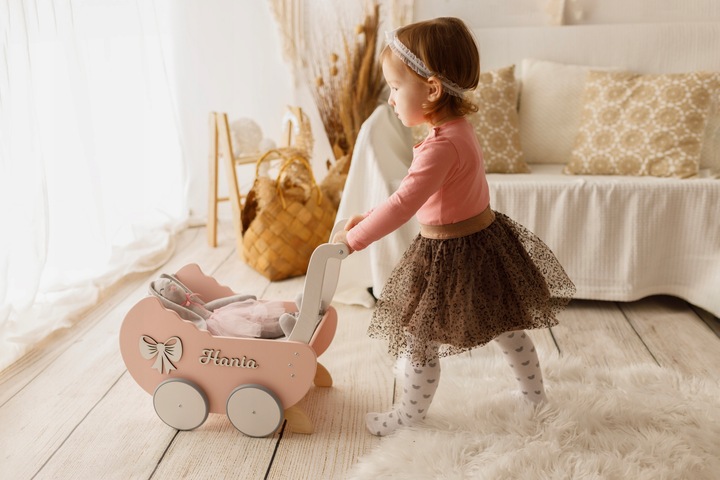DREWNIANY WÓZEK DLA LALEK + IMIĘ prezent na roczek
