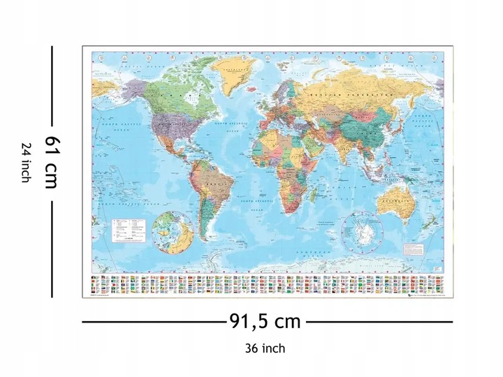 Polityczna Mapa Świata i Flagi - plakat 91,5x61 cm