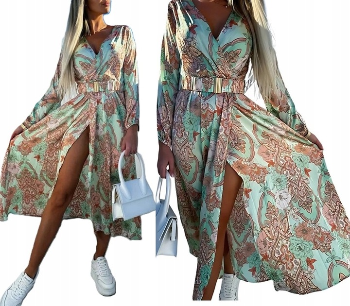 Sukienka damska wzorzysta długa maxi rozkloszowana z paskiem miętowa