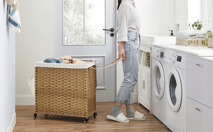 Kosz NA PRANIE pojemnik RATTAN naturalny NA KÓŁKACH 3 PRZEGRÓDKI 140L