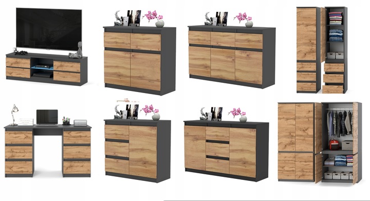 Komoda 120cm szafka z szufladami Antracyt Wotan Aga lux do salonu duza