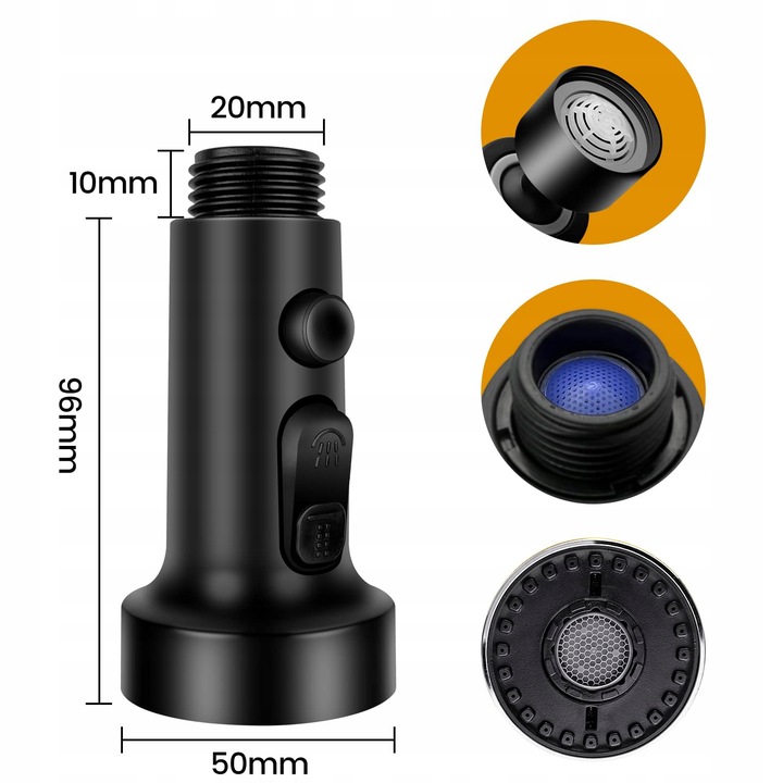 PRZEDŁUŻACZ KRANU KUCHENNEGO AERATOR PERLATOR 3 FUNKCJE 360° CZARNY