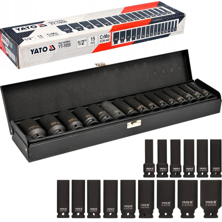 YATO ZESTAW KOMPLET NASADKI KLUCZE UDAROWE DŁUGIE 1/2 15 EL WALIZKA