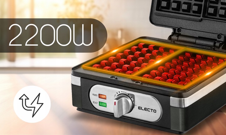 GOFROWNICA ELECTO 2200W Z REGULACJĄ TEMPERATURY 2 DUŻE CHRUPIĄCE GOFRY